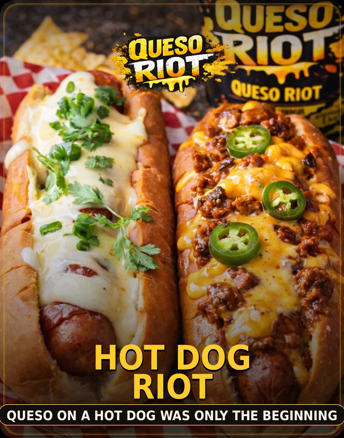 Queso-covered hot dogs