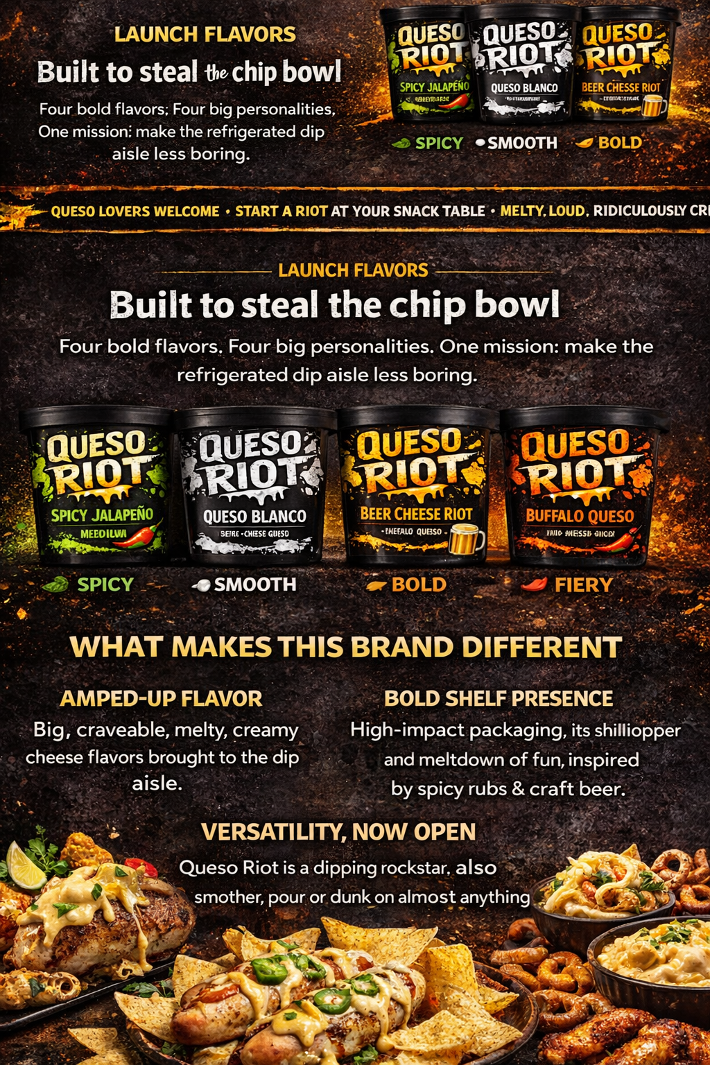 Queso Riot brand graphic showing launch flavors and usage ideas