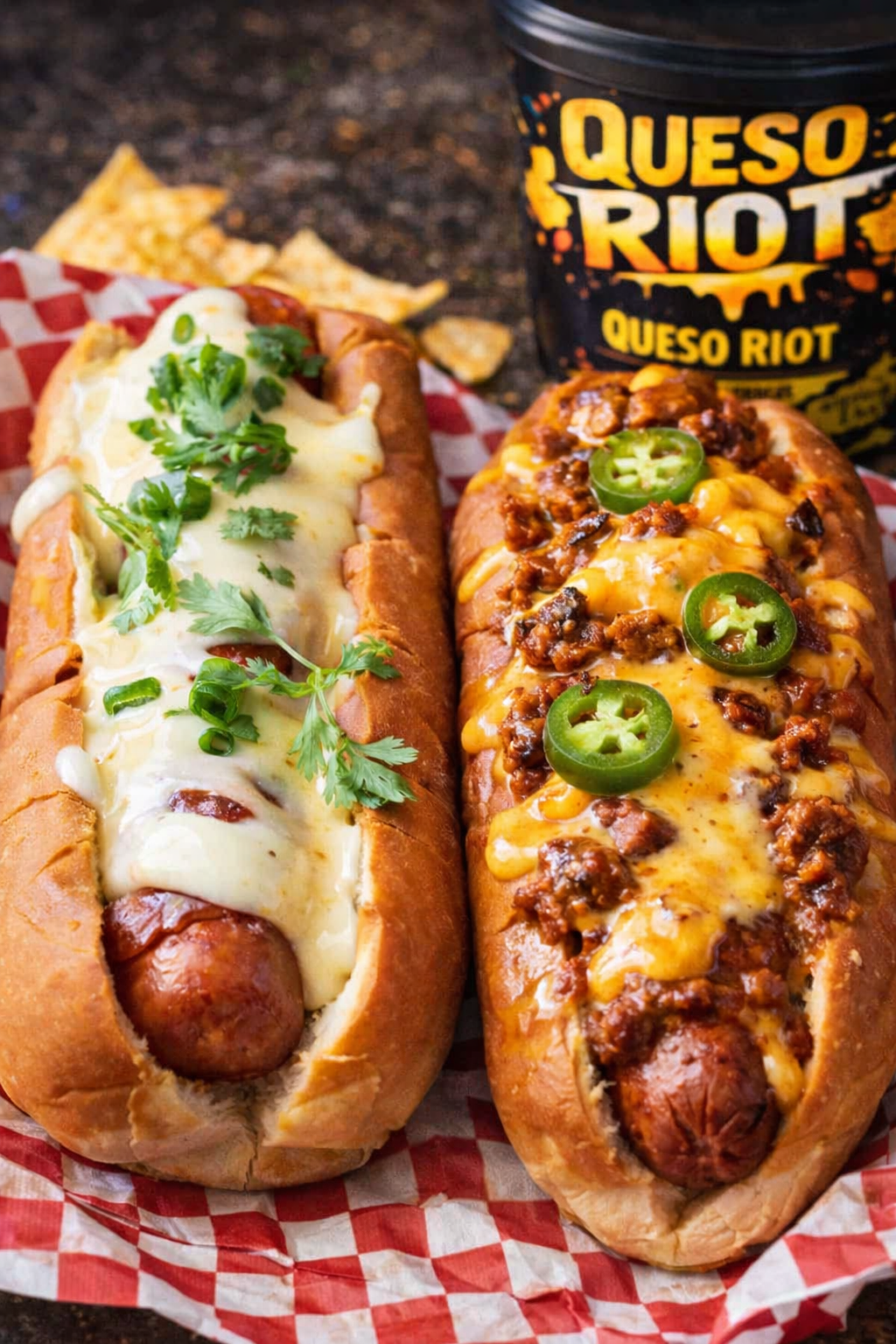Two hot dogs topped with queso, including a queso dog and a queso chili dog