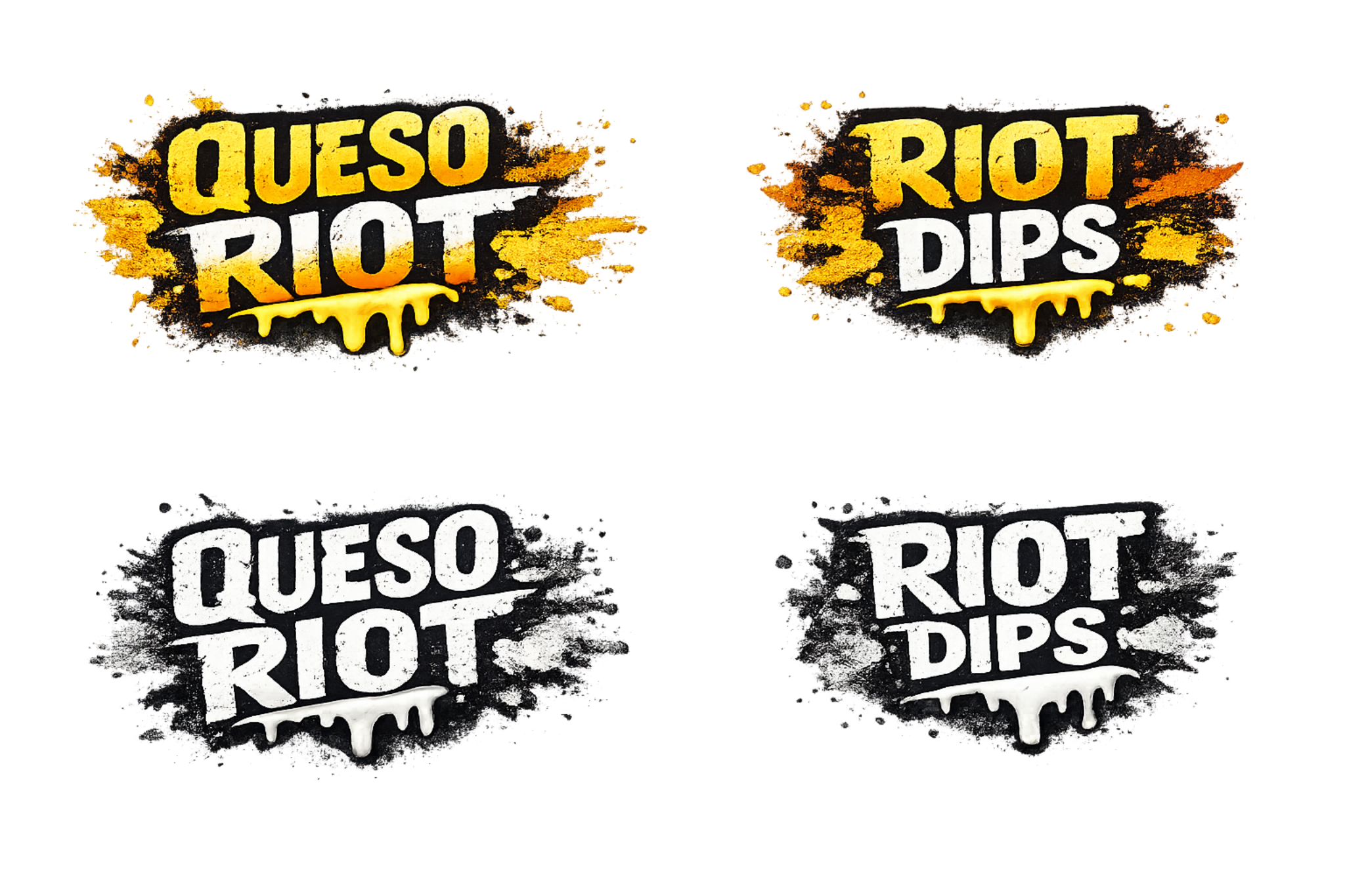 Queso Riot logo treatments in yellow, orange, and white